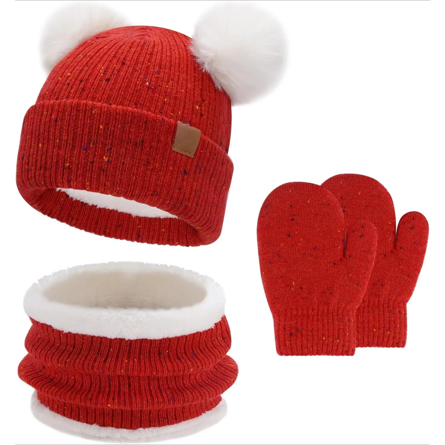 3-Piece Winter Hat Set for Toddlers, Solid Color Fleece Lined Fitted Beanie with Pom Poms, Knit Scarf & Mittens for Boys & Girls, Beanie Fitted, Solid Color Hat, Soft Lightweight Beanie