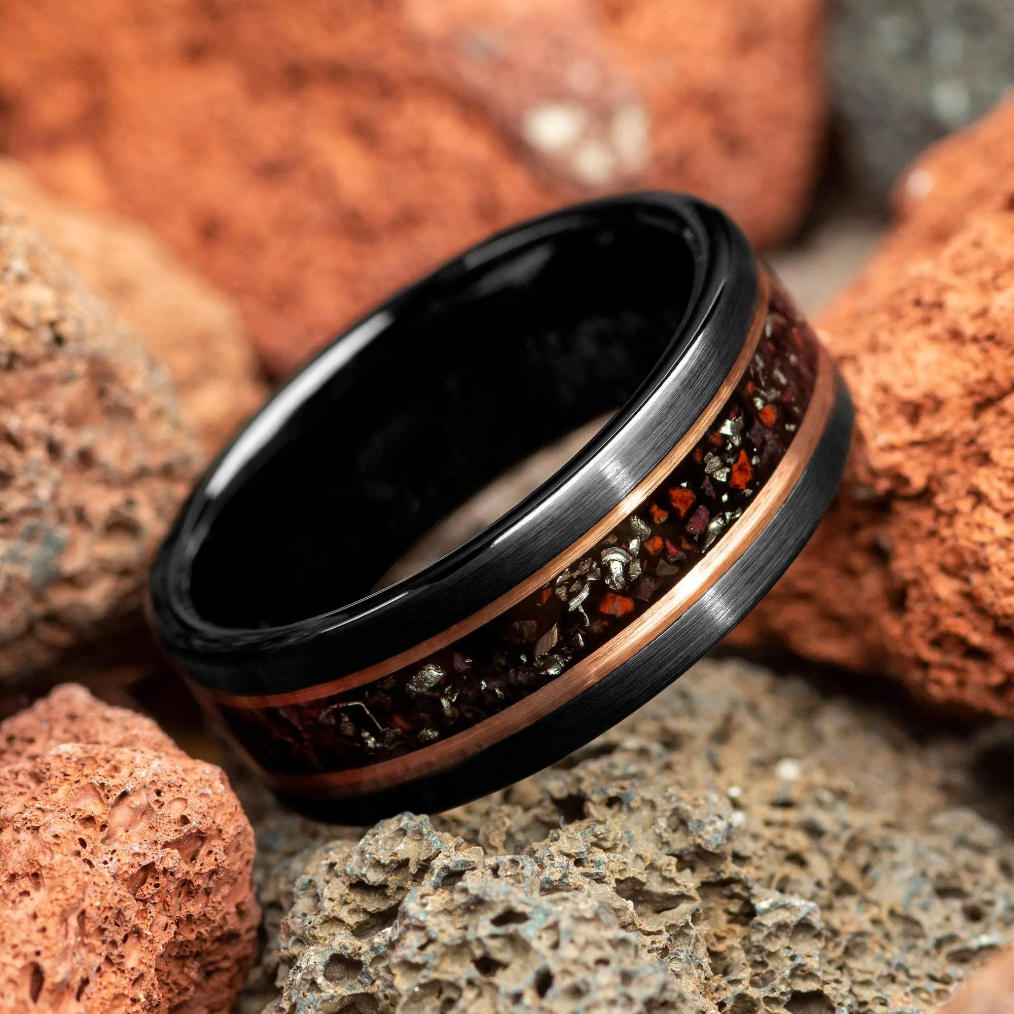 Dinosaur Bone & Meteorite with Rose Gold Strips Brushed Black Men's Tungsten Ring - 8mm