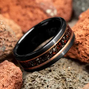 Dinosaur Bone & Meteorite with Rose Gold Strips Brushed Black Men's Tungsten Ring - 8mm