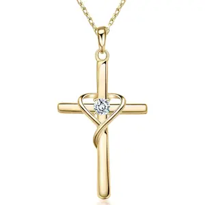 925 Sterling Silver Cross Necklace for Women Men 14K Gold Plated 5A CZ Birthstone Necklaces for