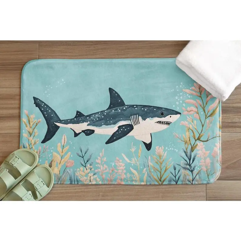 Shark Bath Mat, Ocean Bathroom Decor, Cute Great White Shark Bath Rug, Nautical Bathroom Mat,Bedroom, Or Study Decor Fast Drying Anti-Slip Soft Carpet For Bathroom Shower Laundry Room Kitchen All Season Home Decor Bathr Soft Flannel Bath Mat Home Decor