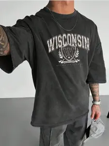 Men's Pure Cotton Washed Fitted T-Shirt, Simple Graphic Print Round Neck Vintage Letter Pattern, Casual Daily Wear, Comfortable Street Fashion, Streetwear