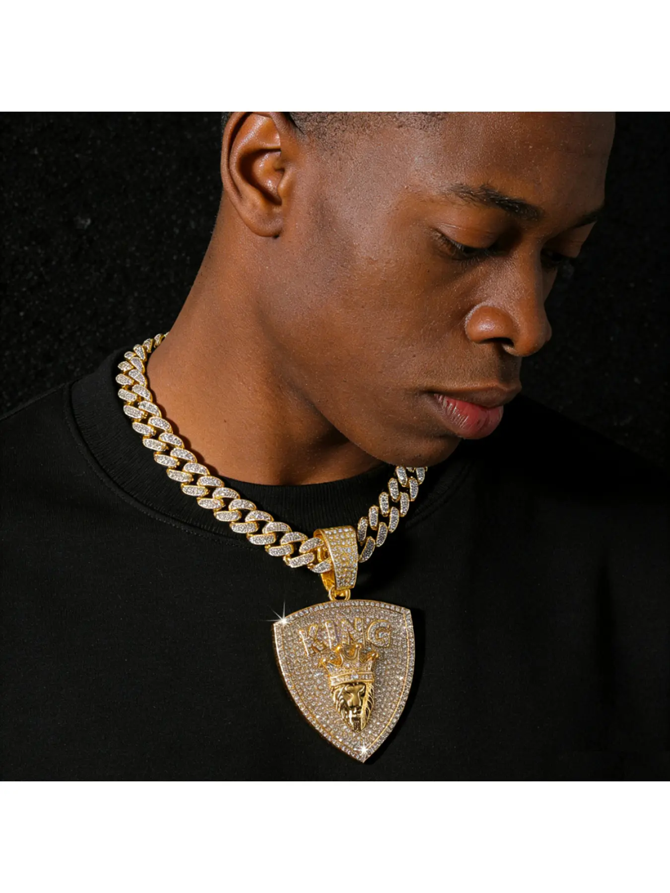 Men's New Full-Diamond Cuban Chain Necklace, Hip-Hop Style Crown Lion Head King Shield Pendant, Chunky Chain Necklaces, Cuban Link Jewelry