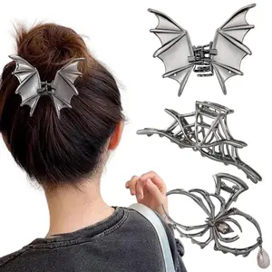 Female 3PCS Gothic Black Gun Metal Pearl Spider Net Bat Hair Claw Clips, Large & Medium Size for Thick Locks, Halloween Spooky Holiday Gifts
