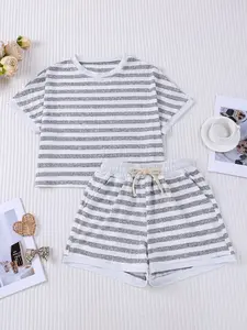 2pcs Grey Striped Pajama Set - Minimalist Casual Short-Sleeve Womenswear Pjs (Drawstring Waist + Knit Fabric) - Soft Adult Loungewear/Sleepwear for Daily Relaxation