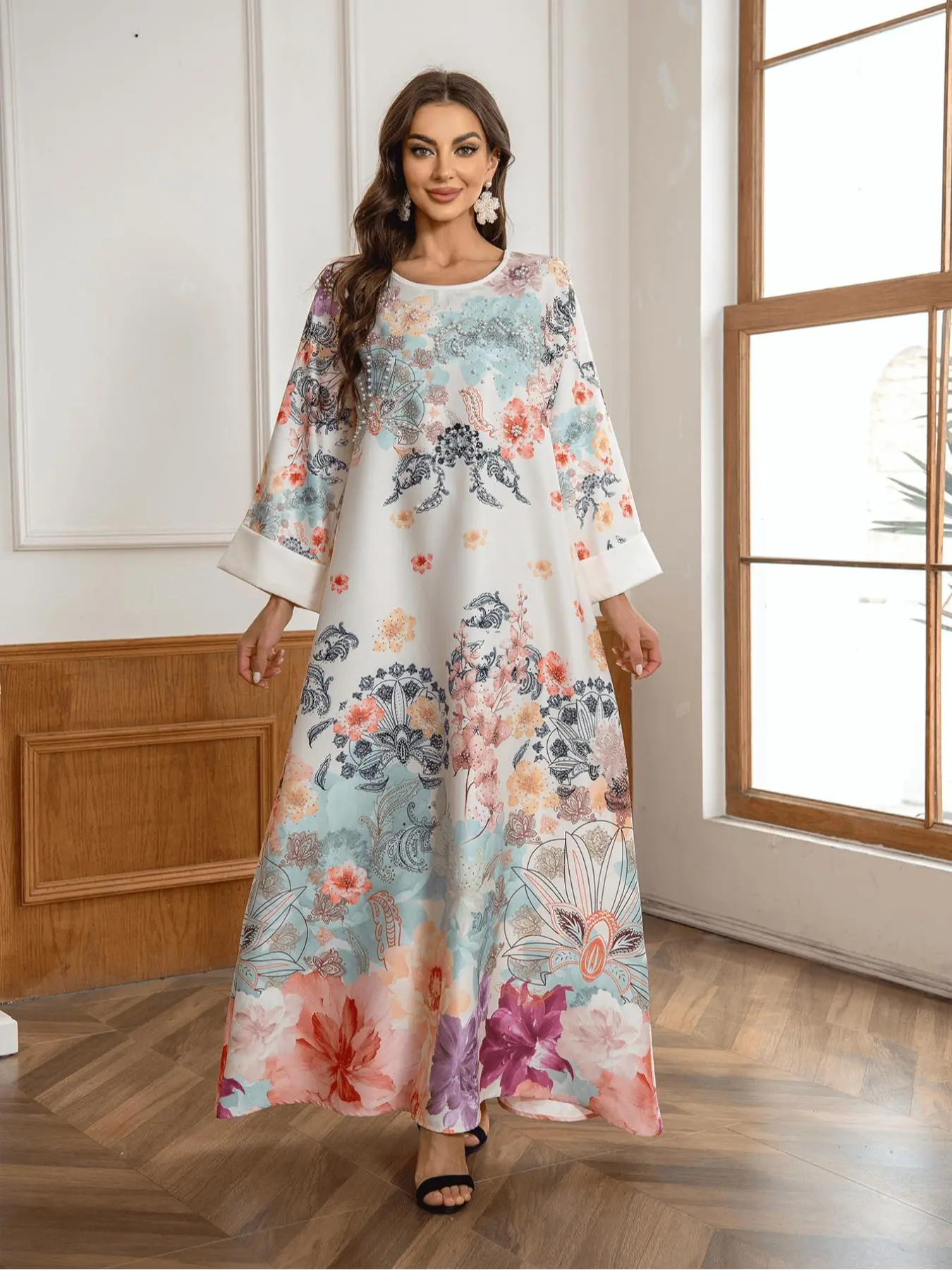 Women's Floral Print Rhinestone & Faux Pearl Decor Long Sleeve Dress, Modest Long Arabic Clothing, Modest Islamic Clothing, Muslim Dress for Women, Classy Modest Dresses, Modest Style Dress, Gamis Clothes, Arabian Dress, Modesty Muslim Clothing