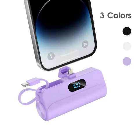 Citicr Portable Power Bank - <5000mAh High Power Portable USB C Battery, Mini Chic Stand, Built-in iOS Plug/Type-C Cable, 12W Fast Charging, Digital Display, M2 Compatible with iPhone16-12 & Android Smartphones