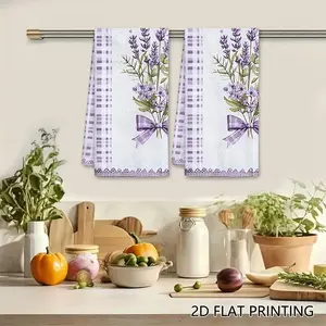 2PC  Lavender Bouquet with Purple Plaid Bow and Border Swedish Dishcloth, Botanical Floral Reusable Absorbent Sponge Wipe, Kitchen Cleaning Cloth