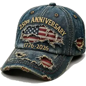 250th Anniversary USA Ripped Denim Baseball Cap - American-Themed Graphic Denim Hat, Fabric Letter Hat for Men and Women, USA Merchandise, Denim Hats, American-Themed Graphic Hats