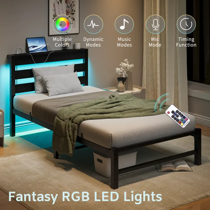 Twin Size LED Bed Frame Heavy Duty Metal Platform Bed Frame with Headboard, USB Charging Station, LED Bed, No Box Spring Needed, Mattress Foundation, Strong Steel Slats, Noise Free, Black