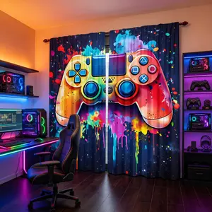 2 Piece Set Colorful Graffiti Game Controller Pattern Digital Print Curtains, Rod Pocket Design, Privacy Protection, Bedroom Living Room Dining Room Decor, Window Curtain
