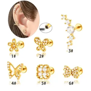 1PC Fashion Piercing Jewelry Stainless Steel Earring Cartilage Sung Butterfly Cubic Zirconia Inner Helix Flat Back Stud Earrings