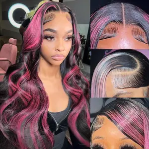 Ombre Lace Front Wig Human Hair Skunk Stripe Human Hair Wigs 13x6 Hd Lace Frontal Body Wave Highlight Pink Human Hair Wig Pink and Black Colored Wigs Human Hair 180%