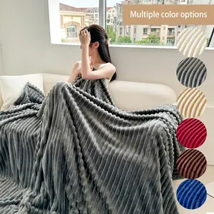 Solid Color Stripe Flannel Blanket, Lightweight Flannel Blanket, 1 Count Soft Comfortable Warm Throw, Air-conditioned Room Blanket, Warm Nap Blanket for Home & Office, Soft Fleece Blanket, Flannel Fleece Blankets, Soft Cozy Blanket