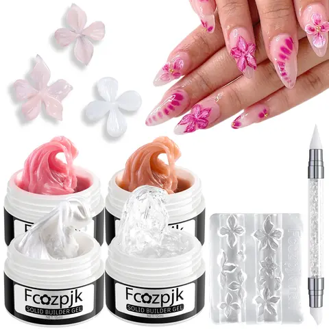 Fcozpjk 4-Color Solid Builder Hard Gel Kit for Nail Care - Silicone Carving Mold, Clear, Shimmer Pearly White, Brown, Nude Pink 3D Sculpting, Floral Charms, Manicure DIY Modeling, Salon Supplies, Mold Gel Nail Polish Alternative