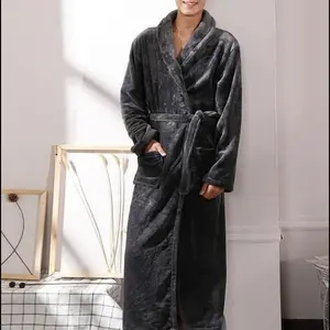 Elegant Comfort Men Shawl Collar Velvet Fleece Long Bathrobe Belt Flannel