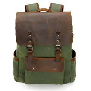 Modoker Waxed Canvas Backpack - Genuine Leather Vintage Rucksack for Men, 15.6 Inch Travel Laptop Bag, Retro Flap Satchel, Casual Bookbag Daypack