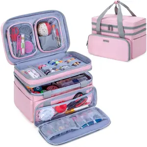 Layer Sewing Accessories Organizer with 2 Detachable Pouches, Large Sewing Bag for Sewing Tools (Bag ONLY), Pink