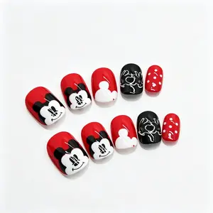 DISNEY Minnie Mouse Press-On Nails for Kids – Handmade Red and Black False Nails with Minnie Faces and Polka Dots, Great for Costume Parties, Themed Events and Gifts