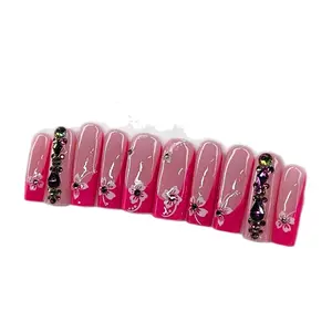 Jan's Blessed Hands Pink French Flower Press-on Nail Set with Charming Flower Design and Glossy Finish Stylish Look for Easy Application
