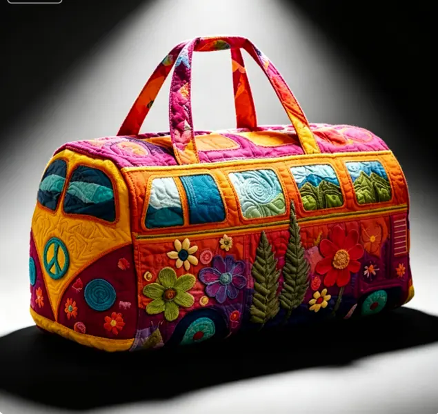 Boho Floral Peace Sign Color Patchwork Travel Bag - Sports & Outdoor Gym Bag for Road Trip, Festival, Beach Use, Sleepovers, Boho Floral Peace Sign Travel Bag