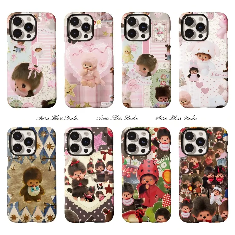 Fashion INS Painting Cute Monkeys Kawaii Monchhichi Phone Cases For iPhone 17 Promax Air 16 15 14 Pro Max Plus 13 12 11 Shockproof Protective Cover Gifts For Birthday Valentine Christmas Thanksgiving Halloween