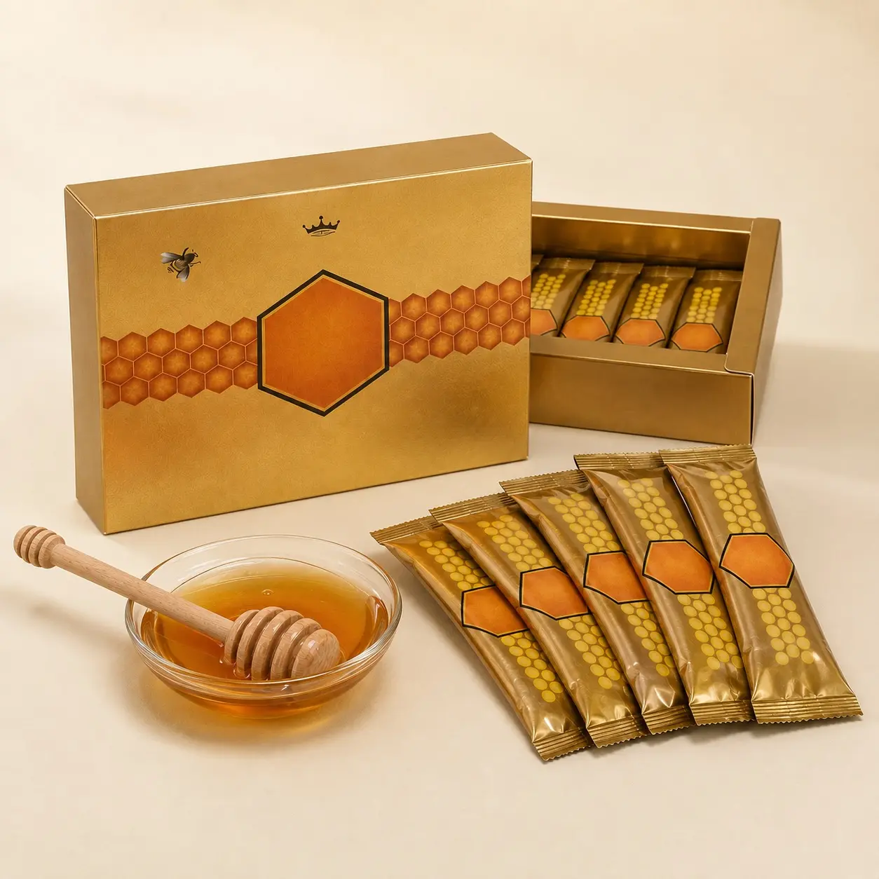 Pure Organic Honey Sticks with Bee Pollen, 12 x 20G Single Serve Honey Pack Ginger Royal Vital and raw