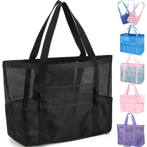 Mesh Beach Bag, Large Beach Tote with Zipper Pocket, Toys Pool Bag for Family Travel Vacation Cruise Essentials