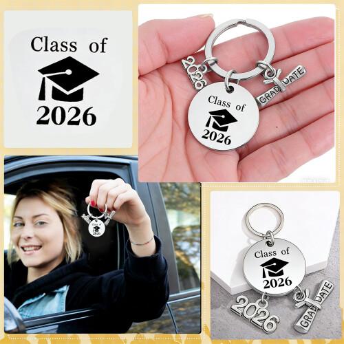 2026 Graduation Keychain – Stainless Steel Class of 2026 Keychain, Customizable Metal Keychain with Graduation Cap & Scroll, Graduation Gift for Students