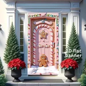 Happy Christmas Door Banner, Cute Gingerbread Man Design, Durable Polyester Fabric, Indoor Outdoor Decoration, Wall Decor Banner, 35.4x70.8in