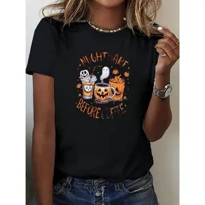 Women's Halloween Coffee Graphic T-Shirt - "Nightmare Before Coffee" design features spooky pumpkins, ghosts, and chains. Comfortable fit. Casual crew neck tee perfect for fall celebrations. Fashionable apparel | Halloween humor shirt | Machine washable
