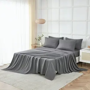 Soft Breathable Sheet Set Solid Color Microfiber 4 Pieces Deep Pocket Machine Washable Three-Needle Embroidery King Queen Full Twin Sizes comfy beddingsheetset