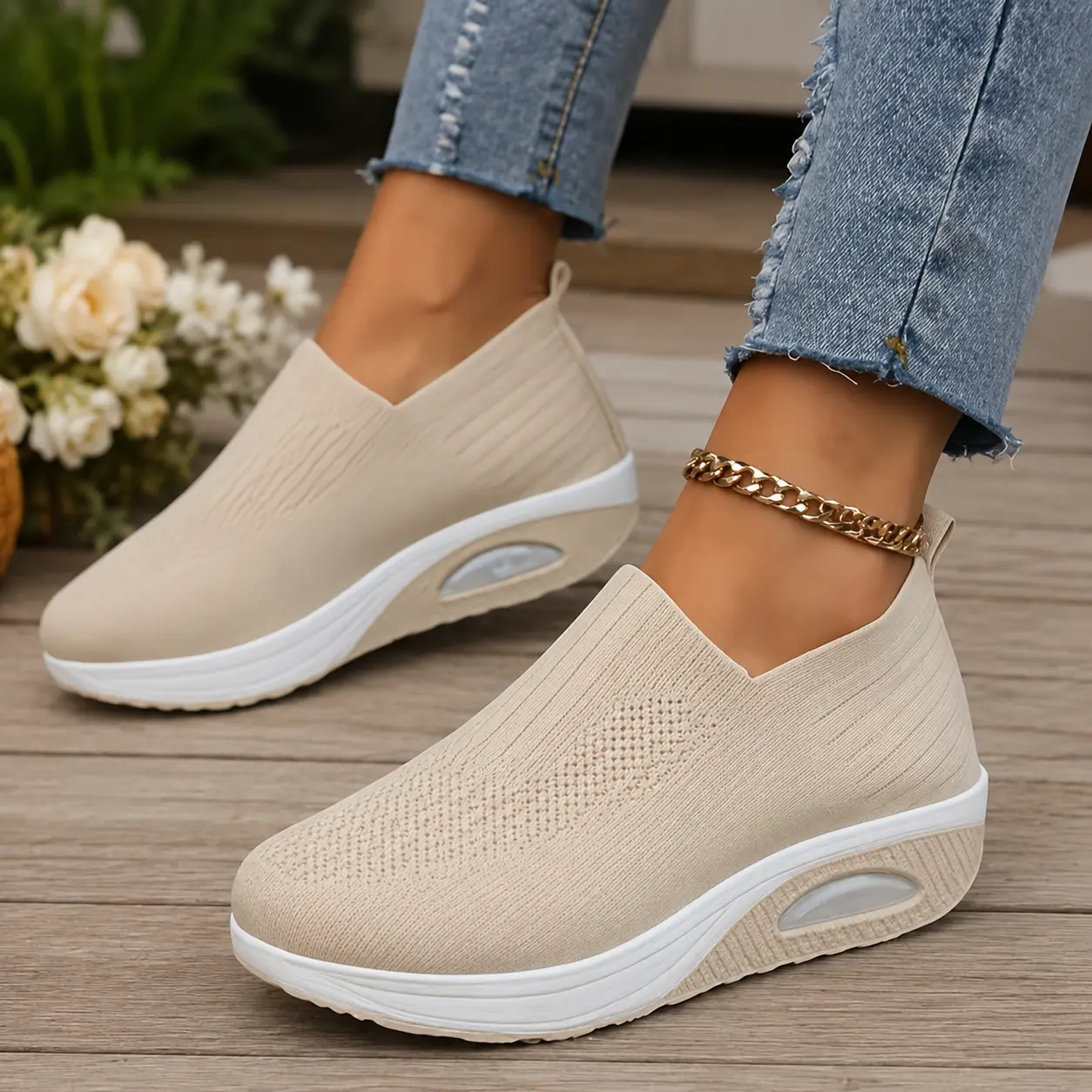 Women’s Slip-On Walking Shoes, Breathable Knit Casual Sneakers with Wedge Platform Sole for Everyday Wear