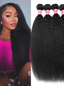 R6-Riks 4-Pack Human Hair Kinky Straight Bundles, Natural Brazilian Hair, No Knots, No Shedding, Real Hair Extensions