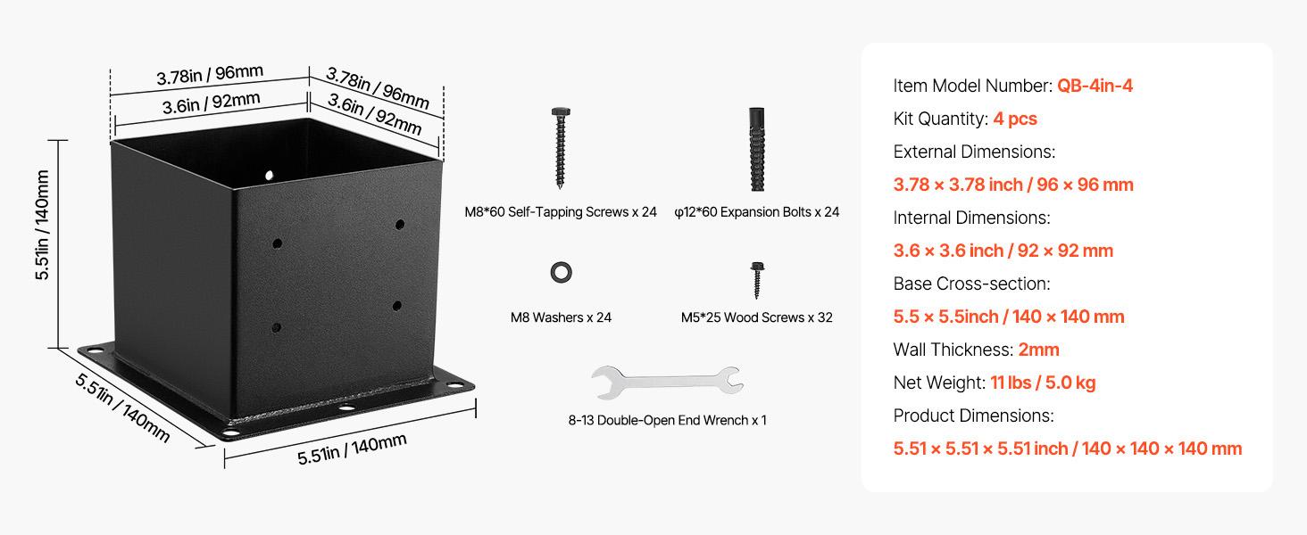 4x4 Post Base 4 Pcs, Inner Size 3.6x3.6 inch / 92x92 mm Post Brackets, Heavy Duty Carbon Steel Decking Posts, Wood Posts Brackets for Pavilion Deck Railing Support Deck Base Plate