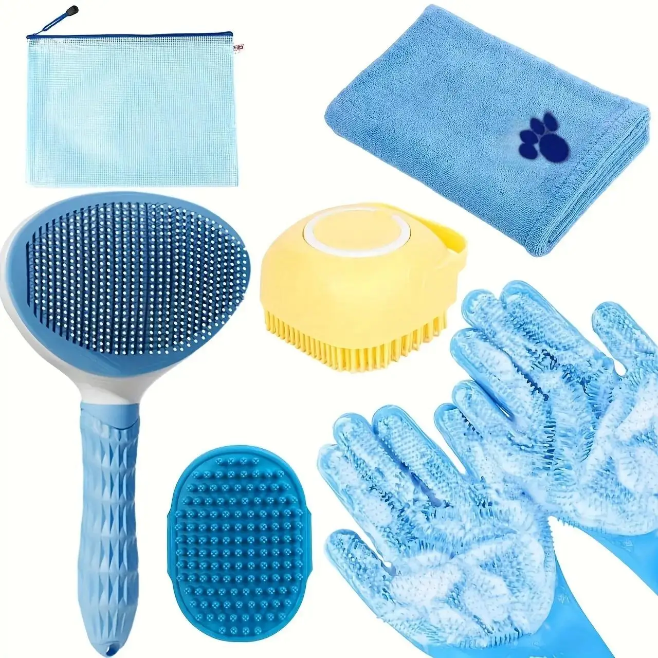 Dog Bath Brush Set, 6 Counts/set Dog Bath Brush & Towel & Gloves & Storage Bag, Pet Paw Grooming Tool Set, Pet Bathing Tool Supplies for Dog & Cat