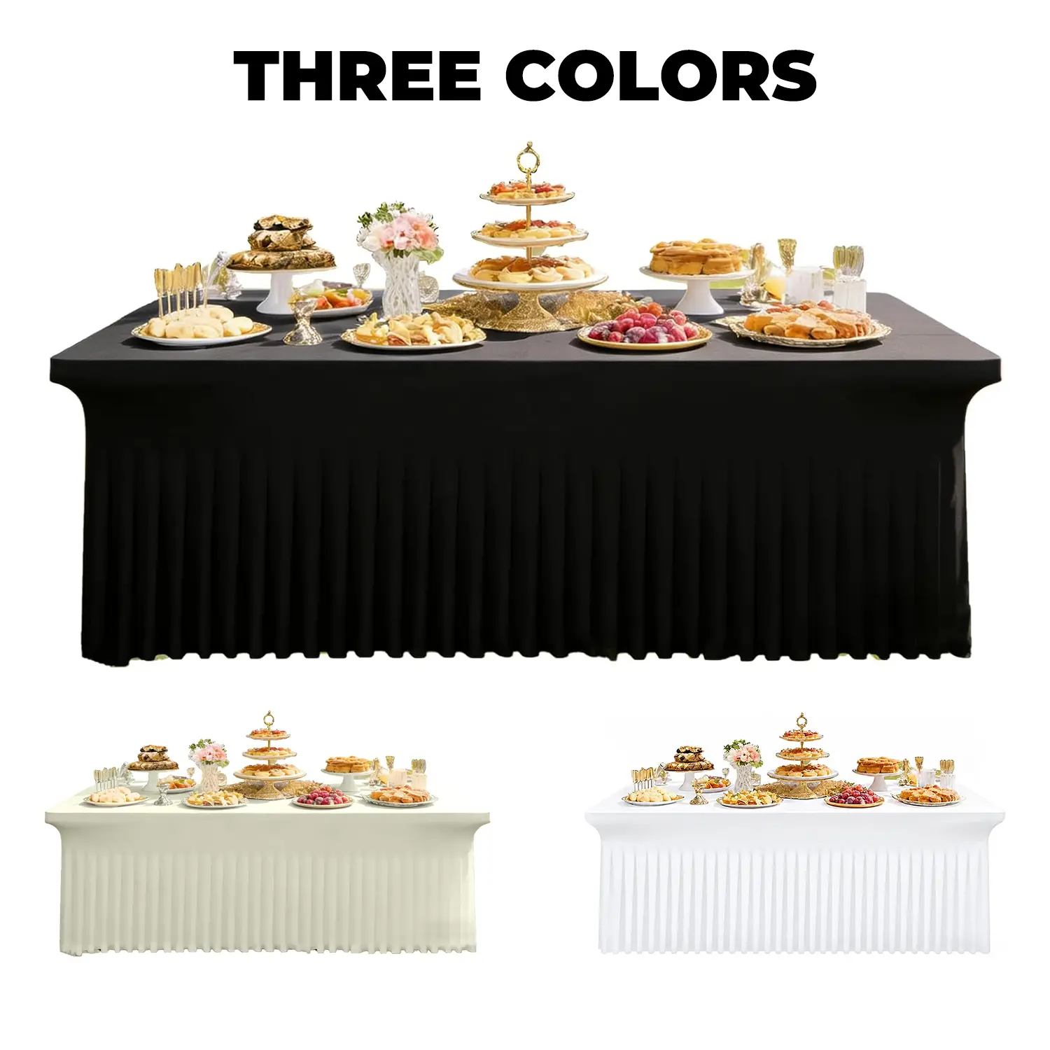 6ft pleated design elegant banquet tablecloth, polyester tablecloth, elastic fit, suitable for indoor dining/outdoor parties