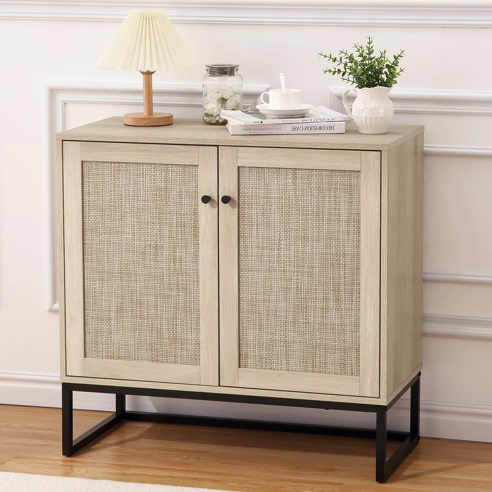 【Christmas Deal】GARVEE Sideboard Buffet Cabinet with 2 Rattan Doors, Farmhouse Console Table with Storage, Entryway Accent Table Kitchen Cupboard for Living Room, Hallway, Dining Room, Natural