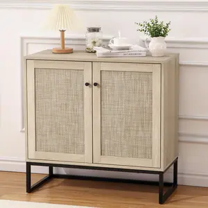 【Christmas Deal】GARVEE Sideboard Buffet Cabinet with 2 Rattan Doors, Farmhouse Console Table with Storage, Entryway Accent Table Kitchen Cupboard for Living Room, Hallway, Dining Room, Natural