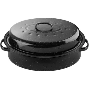 16Inch Roasting Pan, Enamel on Steel, Black Covered Oval Roaster Pan with Lid, Medium Cookware for Turkey, Small Chicken, Roast Baking Pan.