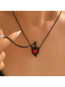 Retro Gothic Heart-Shaped Couple Necklace with Love Blade Pendant and Red Crystal Chain