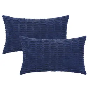 REGALWOVEN Pack of 2 Corduroy Decorative Throw Pillow Covers Soft Boho Solid Striped Cushion Covers Modern Farmhouse Home Decor for Sofa Living Room Couch 12 x 20 Inch Dark Blue