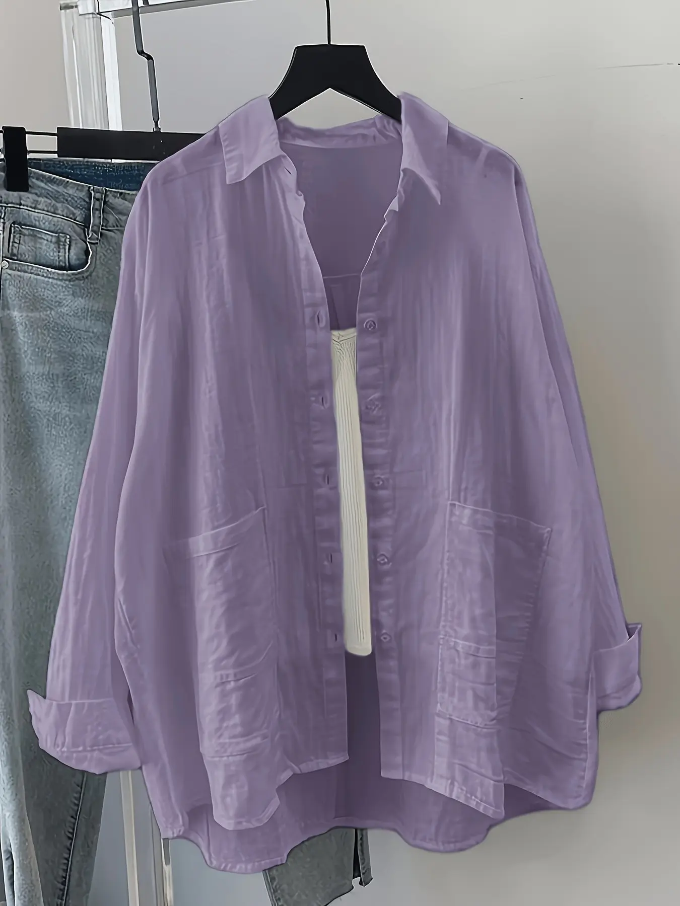 Casual Loose-Fit Cotton Long Sleeve Shirt, Solid Color, Pocket Design, All-Season Wear, Daily Casual, Spring Summer Fall