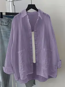 Casual Loose Fit Cotton Linen Long Sleeve Shirt Blouse, Pocket Design, Solid Color, Spring Summer Fall, Daily Wear, Comfortable Style