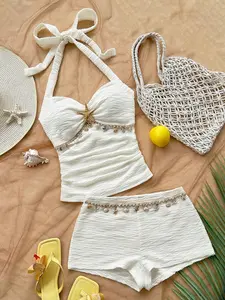 Women's Metal Starfish Decor Pleated Wave Texture Halter Top And Shorts Set,, Tie Back Closure, Beach Vacation & Poolside Casual Wear, Boho Coastal Style Fit