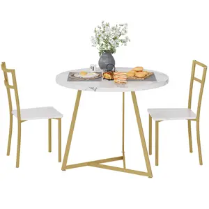 Dining Table Set for 2, Round Kitchen Table and Chairs for 2, Modern Dining Room Table Set with 2 Metal and Wood Chairs, Kitchen Table Set for Small Space, Apartment
