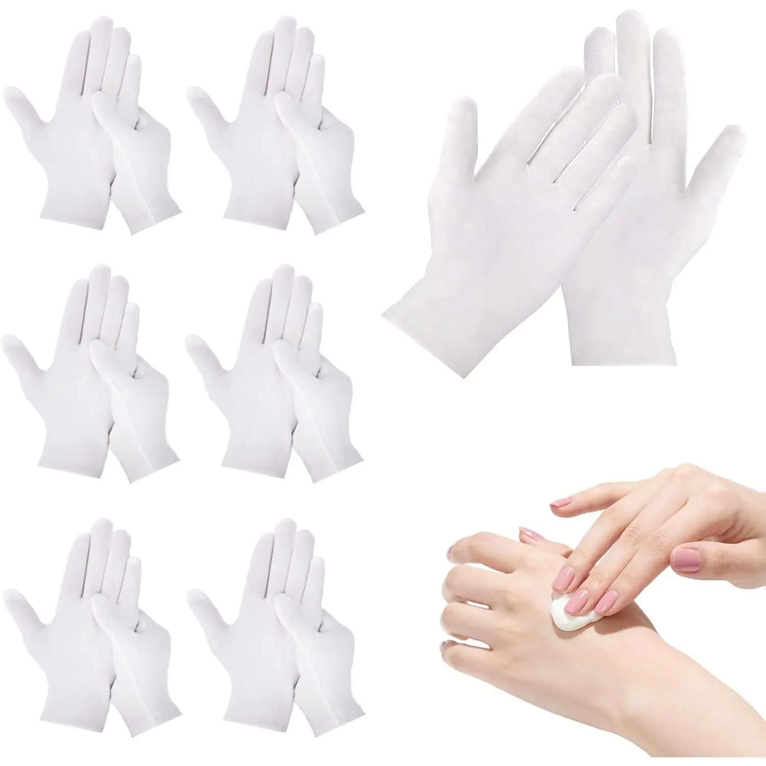 12-Pack Moisturizing Gloves for Dry Skin, Soft Elastic White Spa Gloves for Adults, Enhances Lotion Absorption for Nighttime Use and Eczema Treatment, Night Use, Unisex