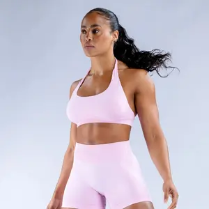 DFYN Impact Sports Bra with Full Logo Seamless Halter Neck Strap Open Back High Stretch Durable Fabric Removable Pads
