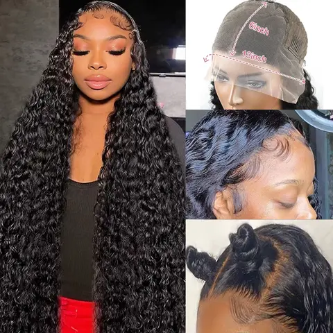 New Deep Wave 13x6 Lace Frontal Wig 250% Density Soft Full Breathable Curly Human Hair Wig for Women Transparent Swiss Lace Classic Black summerwins Natural Daily Wig Minimalist Lace Wig