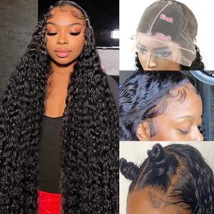 Deep Wave 13x6 Lace Frontal Wig 200% Density Soft Full Breathable Curly Human Hair Wig for Women Transparent Swiss Lace Classic Black